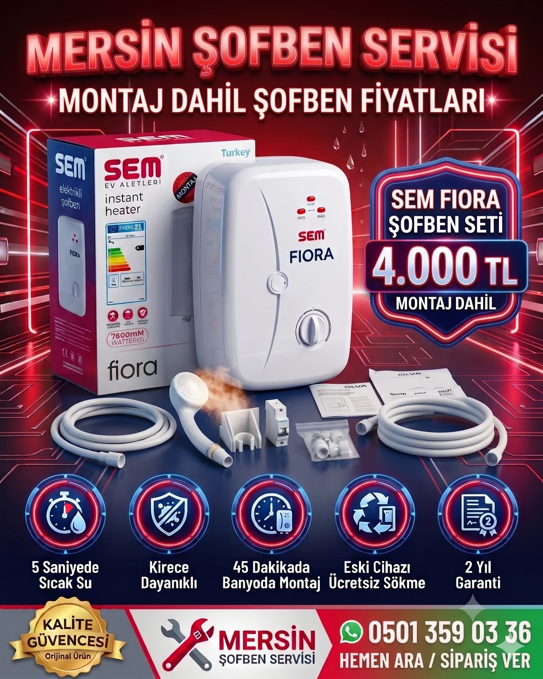 Sem Fiora 7600W Mersin Elektrikçi Şofben Fiyatı