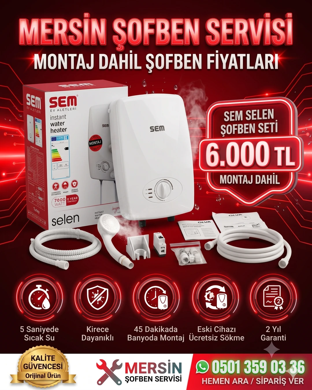 Sem Selen 7000W Mersin Elektrikçi Şofben Fiyatı